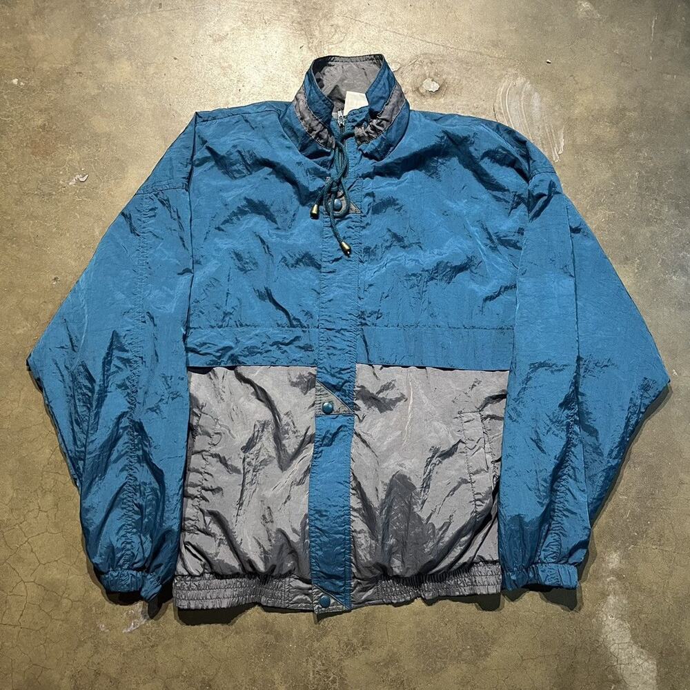Vintage 80s Active Wear Blue/Grey Boxy Windbreaker Jacket